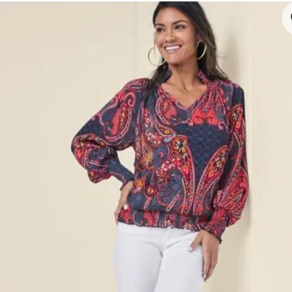 Venus Peasant Boho L Blouse Smocked Top Paisley Colorful Western Americana - Picture 4 of 10